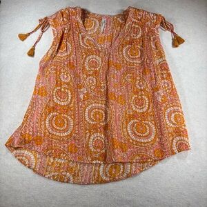 Anthropologie Orange And Pink Metallic Paisley Tassel Flutter Sleeve Blouse Sz L